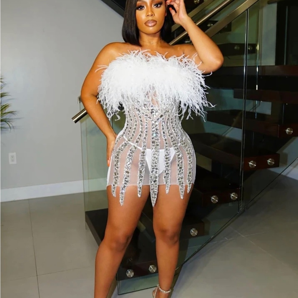 Sheer Mini dress with top feathers and Rhinestones
